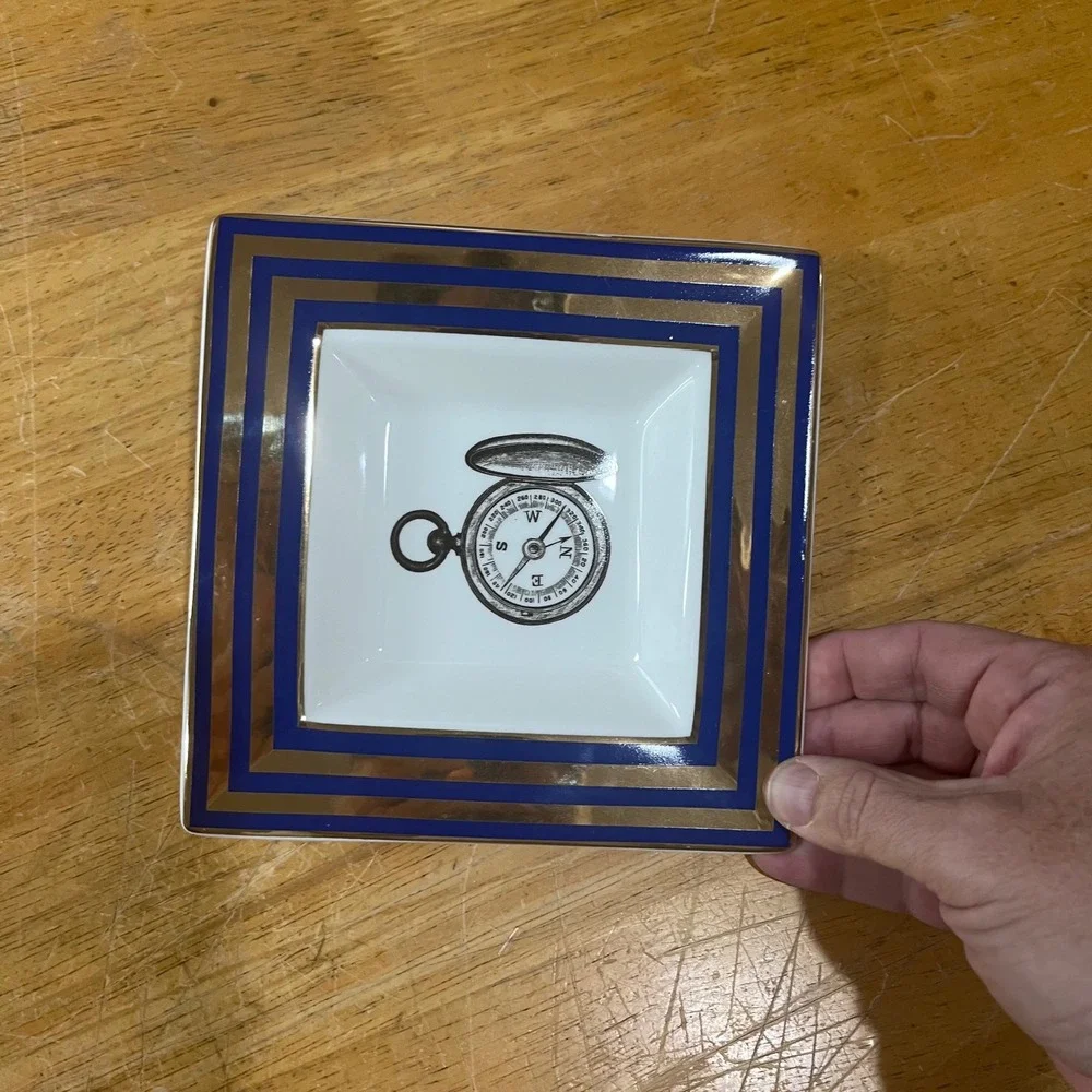 C. Wonder Tory Burch Compass Trinket Tray Navy Gold Striped Porcelain Dish Vtg
